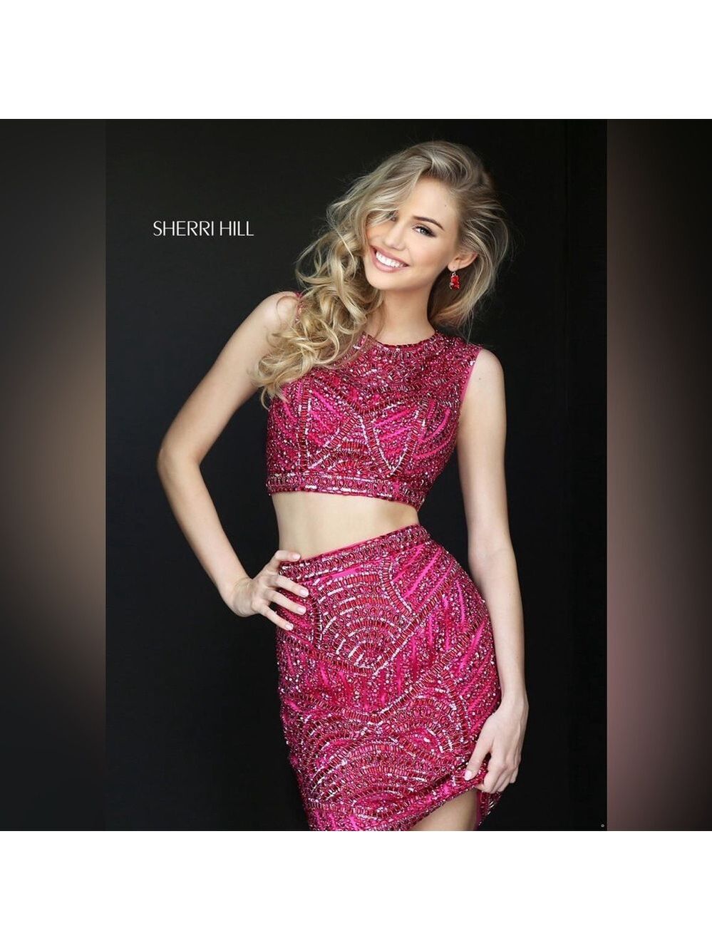 Sherri Hill Fuchsia Gold Beaded Sequin Halter Skirt Set Size 4 - Picture 11 of 11